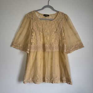 Floral Lacey Blouse Womens Plus Size 1X Tan Cottagecore Whimsy Fairy Overlay